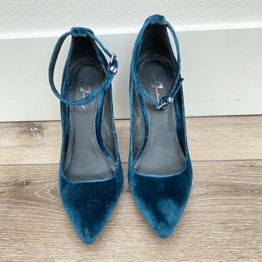 Blue / dark teal velvet & patent leather wedges from 7 For All Mankind